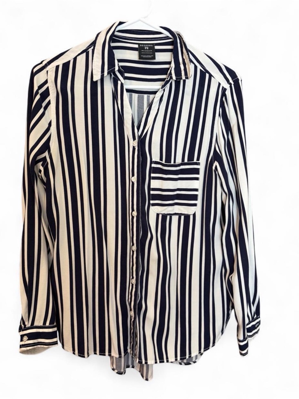 Women's Striped Button Down Shirt small rayon navy & white long sleeve George